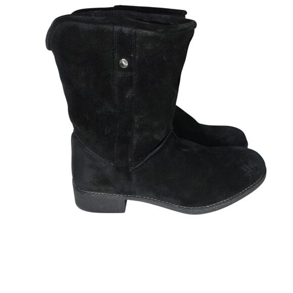 Abeo Suede Black Shearling Lined Chunky Heel Women's Fall Winter Boots Size 10 - Picture 1 of 12